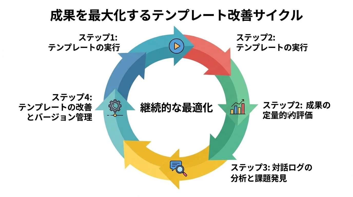 プロンプトテンプレートを「実行、評価、分析、改善」というサイクルで継続的に最適化するプロセスを図解したインフォグラフィック。