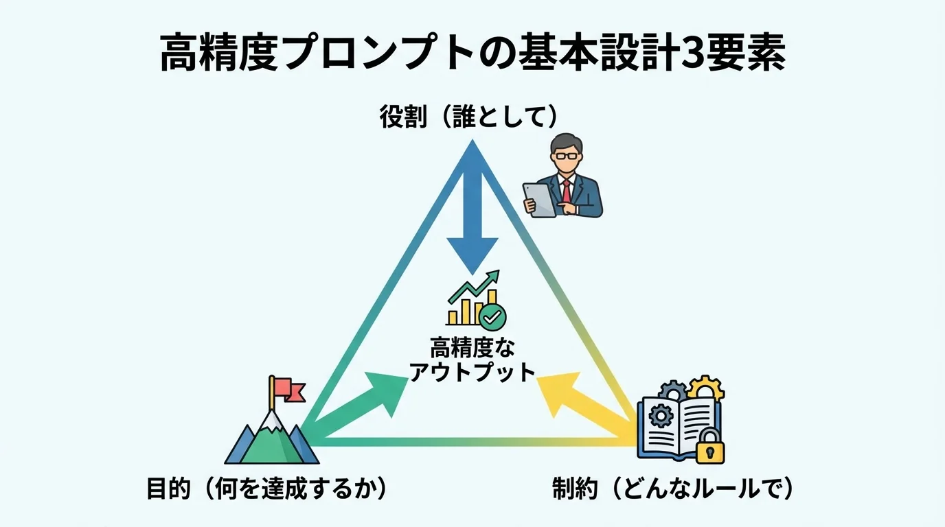 高精度なプロンプトを構成する「役割」「目的」「制約」の3つの基本要素を示したインフォグラフィック