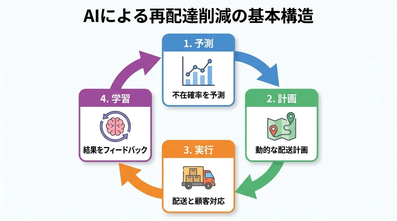 AIによる再配達削減の基本構造を示すフローチャート。予測、計画、実行、学習の4ステップが循環し、自己進化するエコシステムを解説。