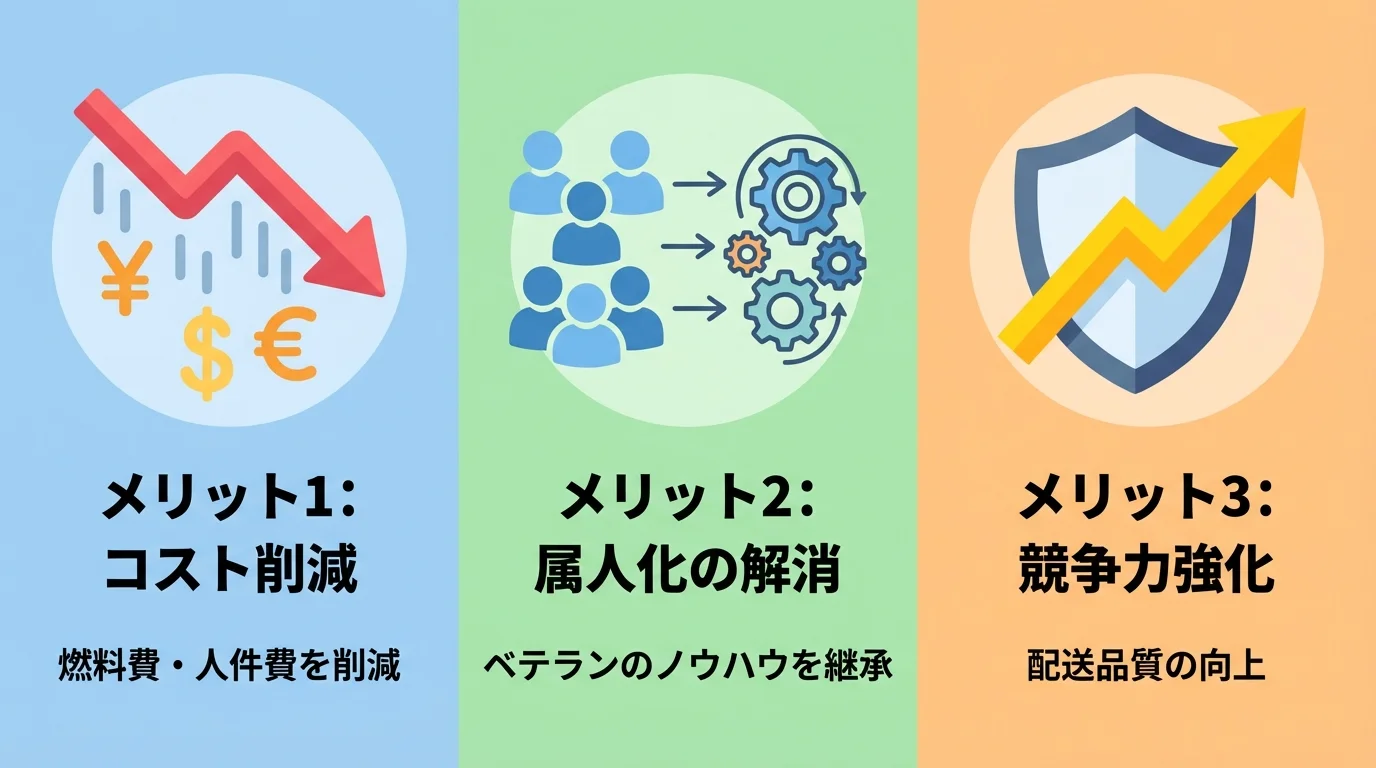 中小物流におけるAI導入の3つの主要メリット（コスト削減、属人化の解消、競争力強化）をまとめたインフォグラフィック