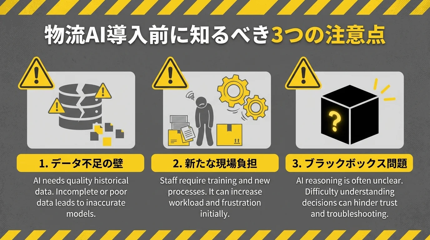 物流AI導入の3つのデメリットと注意点。データ不足、現場の新たな負担、AIの判断プロセスが不明瞭になるブラックボックス問題をアイコンで示している。