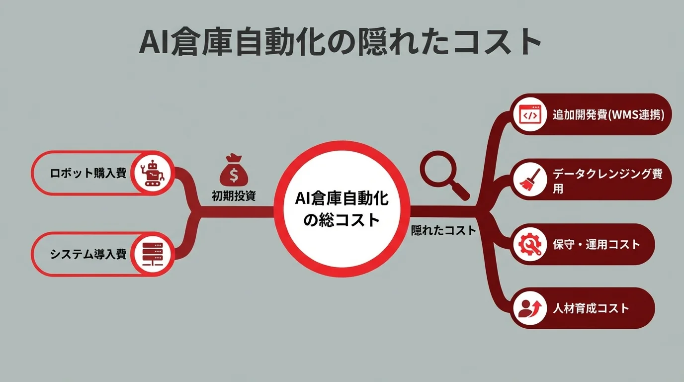 AI倉庫自動化の費用内訳を示す図。初期投資だけでなく、システム連携の追加開発費やデータクレンジング費用といった隠れたコストが存在することを示している。