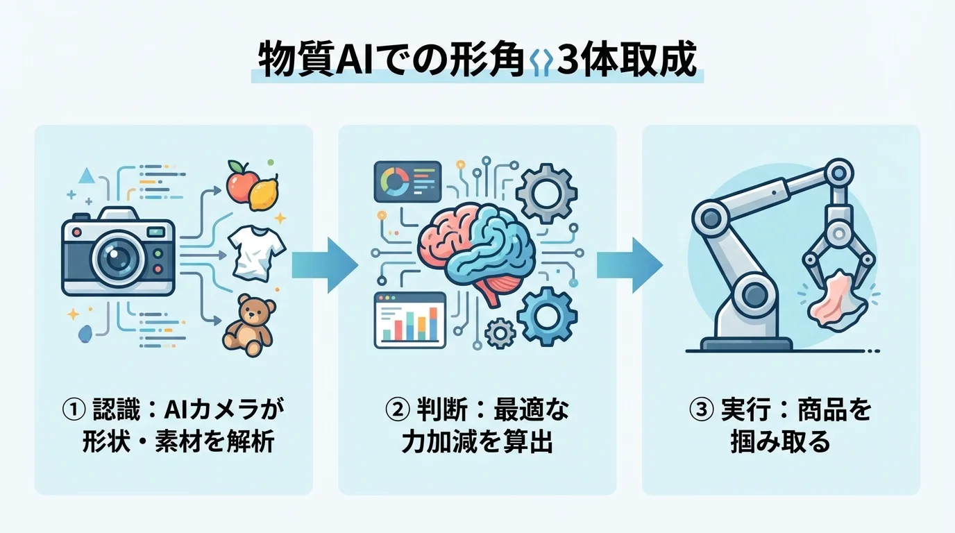 フィジカルAIによる不定形物ピッキングの3ステップ（認識、判断、実行）を示したフローチャート図。