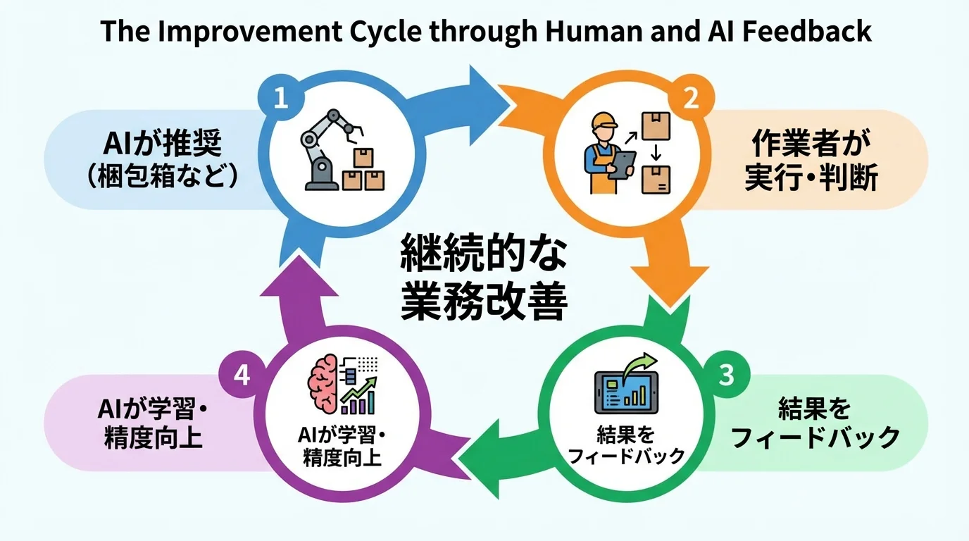 AIの推奨、作業者の実行、結果のフィードバック、AIの学習という4ステップで構成される業務改善サイクルを示した図。