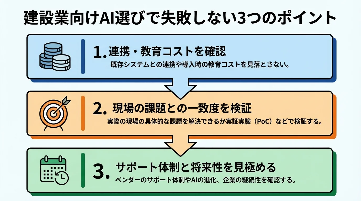 建設業向けAIツールを選ぶ際に確認すべき3つの注意点(コスト、課題との一致、サポートと将来性)を示した図