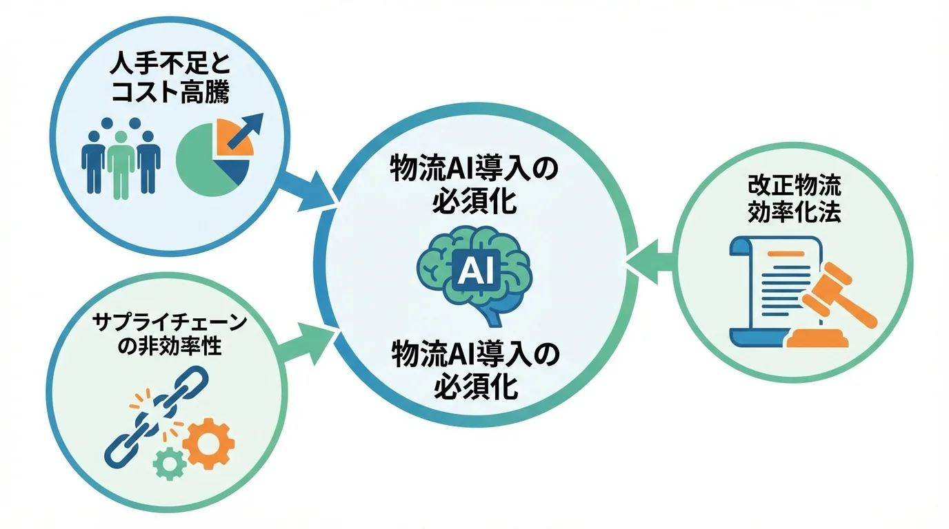 物流AI導入を加速させる3つの構造的課題(人手不足・コスト高、法改正、サプライチェーンの非効率性)を示す関係図。