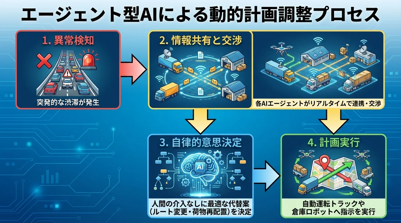 エージェント型AIが渋滞発生時に情報共有、交渉、意思決定、計画実行を自律的に行うプロセスのフローチャート。