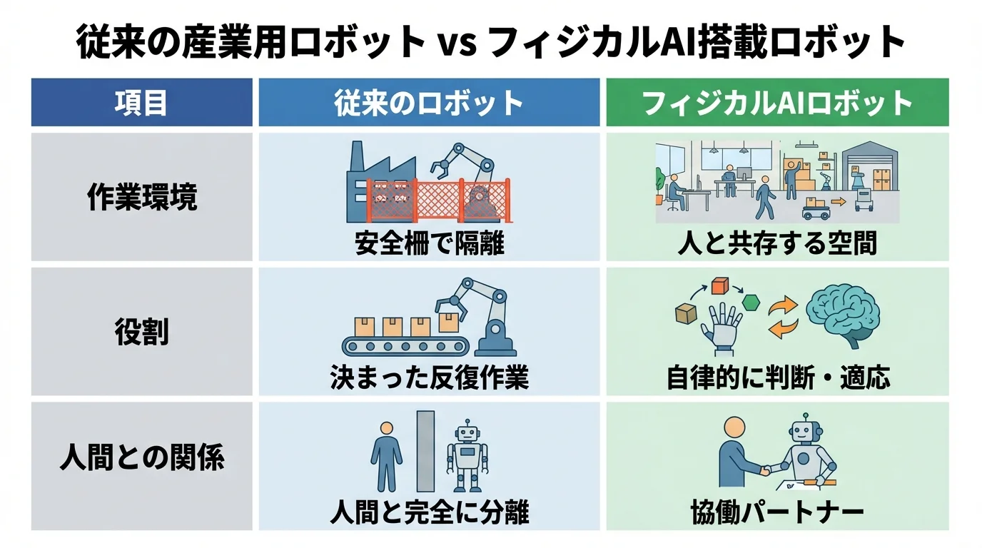 従来の産業用ロボットとフィジカルAI搭載ロボットの比較表。作業環境、役割、人間との関係性の違いを解説し、人と協働できるフィジカルAIの進化を示している。