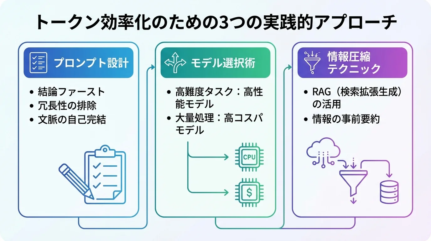 トークン効率を最大化するための3つの実践方法を図解。プロンプト設計の鉄則、用途に合わせたモデル選択、情報圧縮テクニックがまとめられている。