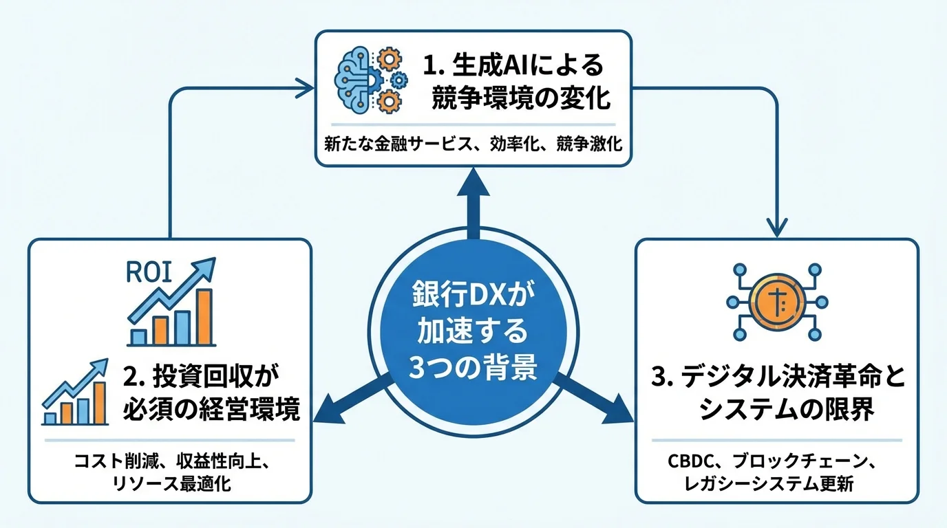 銀行DXが加速する3つの背景（生成AI、投資回収、決済革命）を示した概念マップ