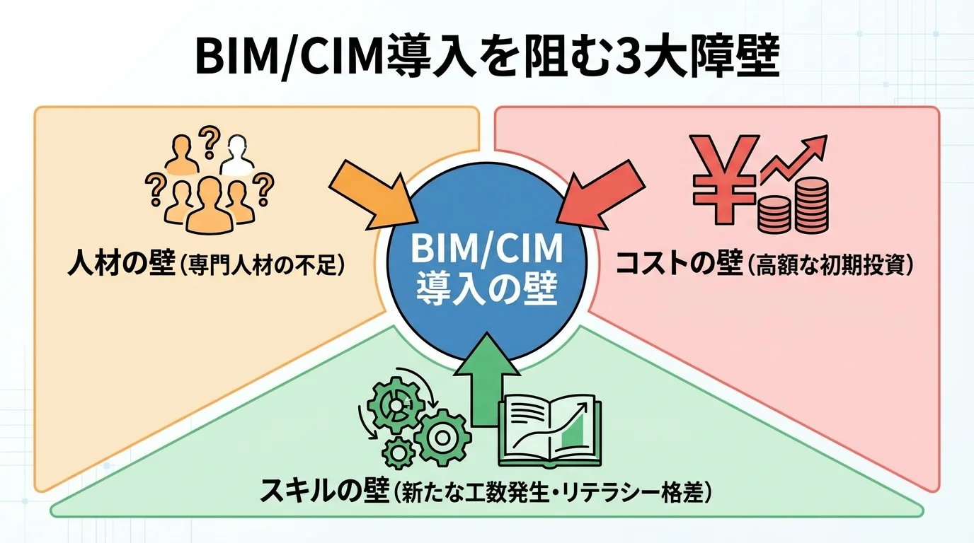 BIM/CIM導入を阻む3つの障壁である「人材」「コスト」「スキル」をアイコンと共に示したインフォグラフィック。