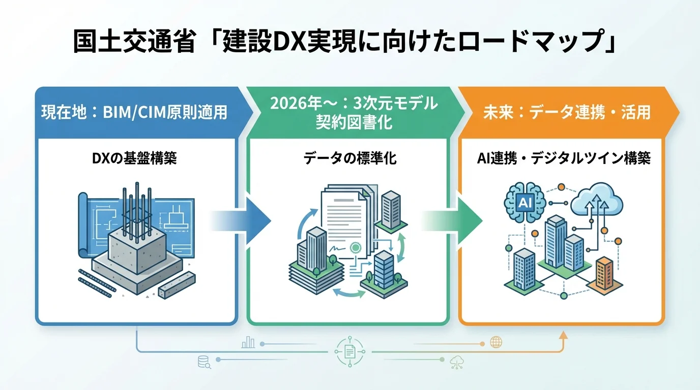 国が推進する建設DXロードマップのステップ図。BIM/CIM原則適用を基盤とし、3次元モデル契約図書化を経て、AI連携やデジタルツイン活用へと至る未来像を示している。