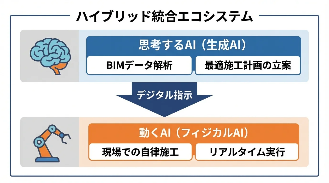 生成AI(思考)とフィジカルAI(実行)が連携するハイブリッド統合エコシステムの仕組みを示すフローチャート。
