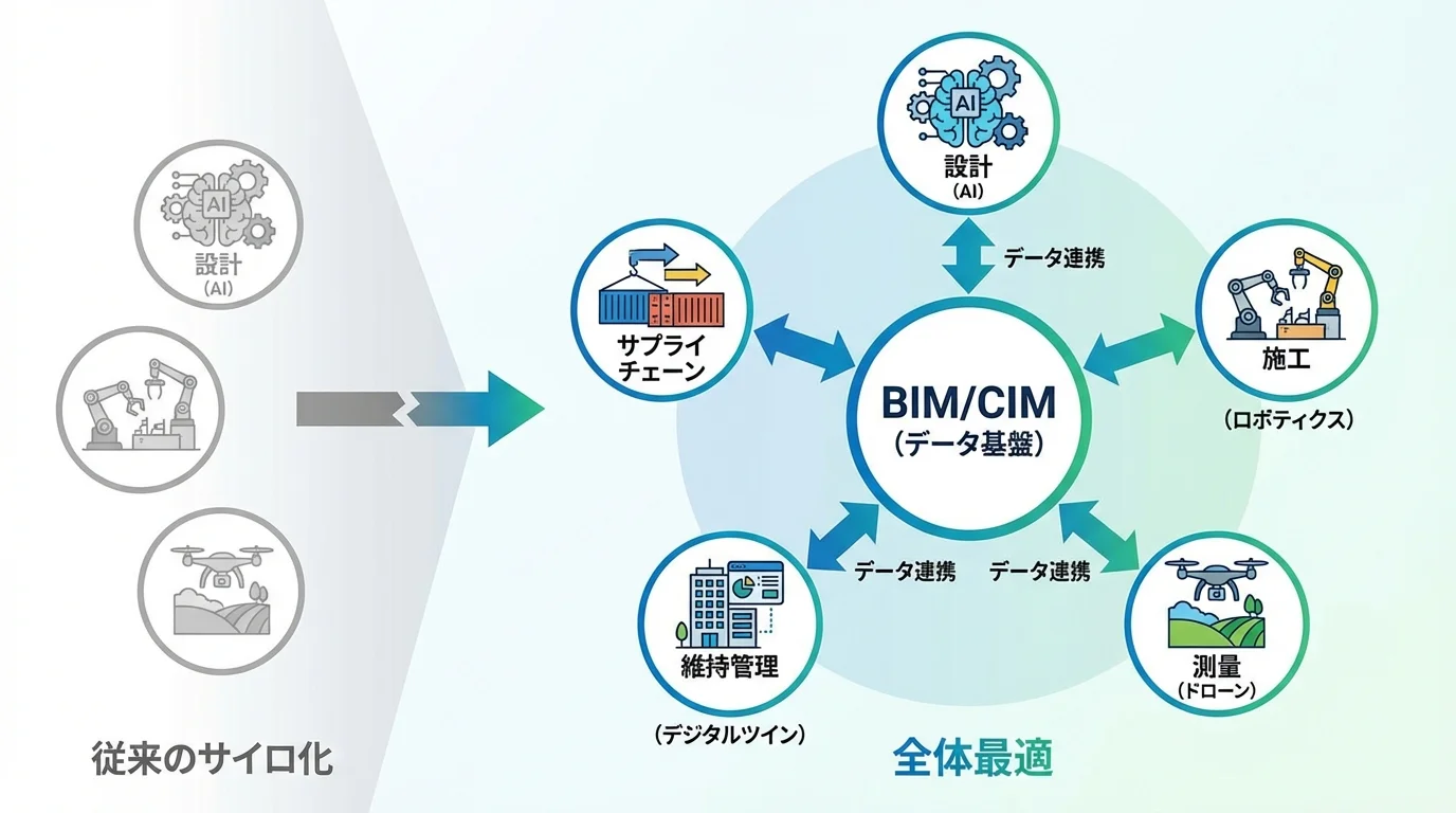 BIM/CIMを核として設計から施工、維持管理までがデータ連携するハイブリッド統合エコシステムの全体像を示した概念図。
