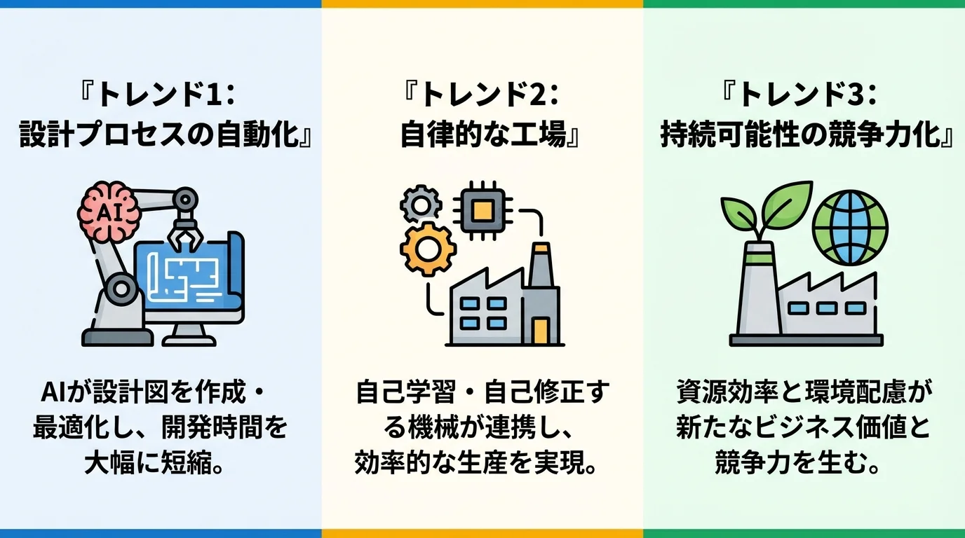 生成AIと融合したインダストリー4.0の3大トレンドを図解したインフォグラフィック。設計自動化、自律工場、サステナビリティへの貢献について説明している。