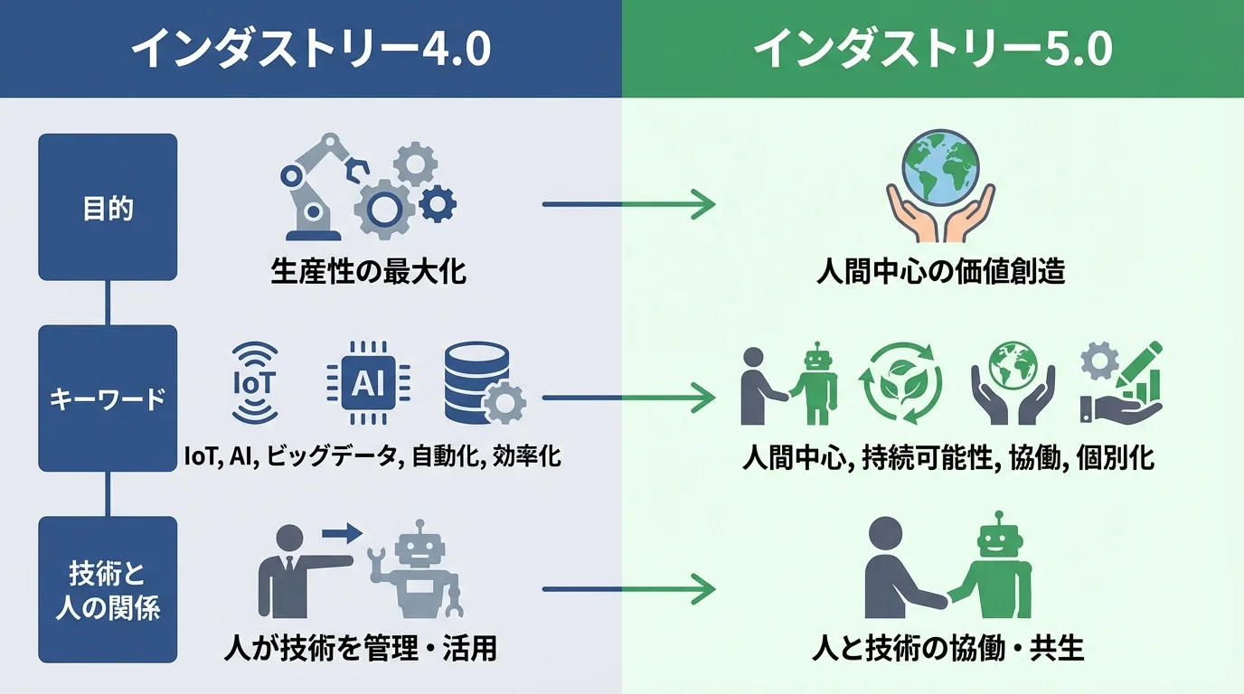 インダストリー4.0とインダストリー5.0の主な違いを比較したインフォグラフィック。生産性重視の4.0と、人間中心・持続可能性を掲げる5.0のコンセプトを対比している。