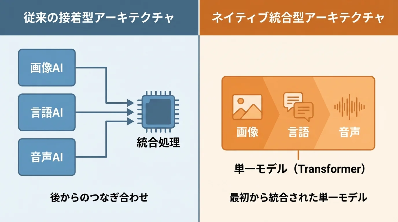 マルチモーダルAIのアーキテクチャの進化を示す比較図。「接着型」と「統合型(ネイティブアーキテクチャ)」の違いを視覚的に解説。