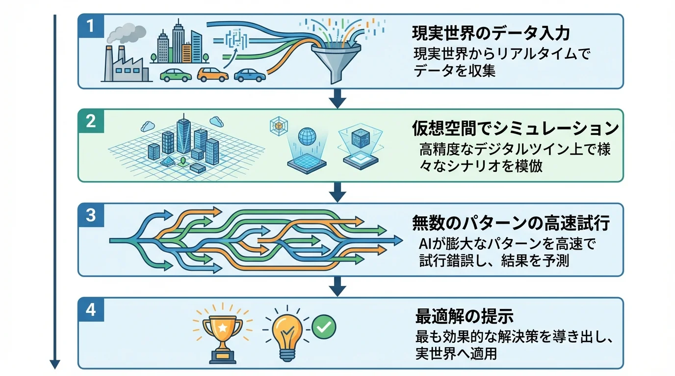 世界モデルが最適解を導き出すプロセスを示すフローチャート。現実世界のデータから仮想空間でシミュレーションを行い、最適な解決策を見つけ出す流れを図解。