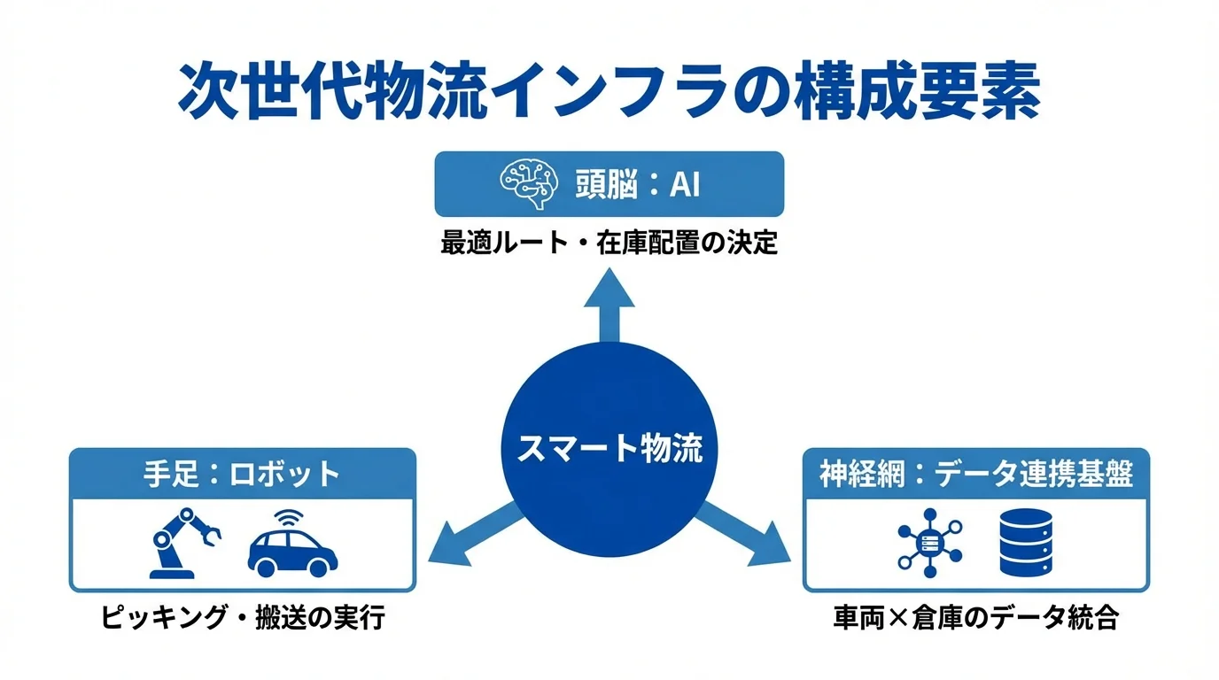 スマート物流の構成要素を示す図。AIが頭脳、ロボットが手足、データ連携が神経網として機能する関係性を表している。